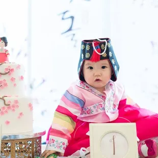 &quot;1st Birthday Cake&quot; with matching cherry blossoms &amp; traditional Korean girl cake topper
  
  -Photo by Sugarbaby Photography