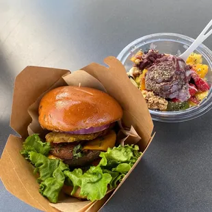 Domes plant-based burger  and the best açaí bowl in Orlando