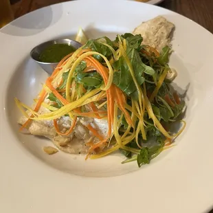 NC trout with fresh arugula and carrots. Risotto cake underneath. Delicious!