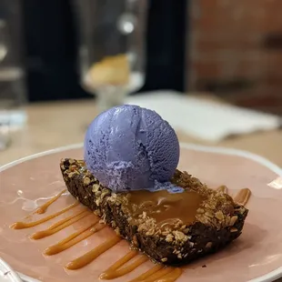 Ube bread pudding with ube ice cream