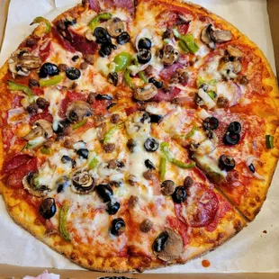 Combination Pizza,  in takeout box