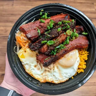 05/07/24 Tocino Rice Bowl - Heritage Pork Belly, Soy-Pineapple Glaze, Java Rice, Turmeric, Garlic, Fried Egg, Pickled Vegetables, Atchara