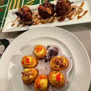 Fried Deviled Eggs and Sweet Potato Beignets.