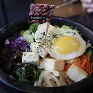 Dolsot Bibimbap with Fried Tofu and Purple Rice