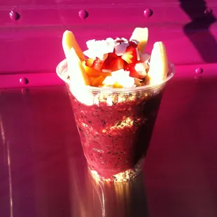 Signature Purple Tree Organic Açai Parfait w/ custom açai blend, org granola, fresh cut org fruit, org shaved coconut, org honey