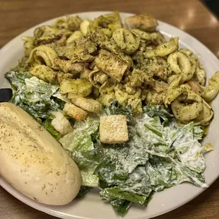 Chicken pesto tortellini with Caesar salad &amp; roll