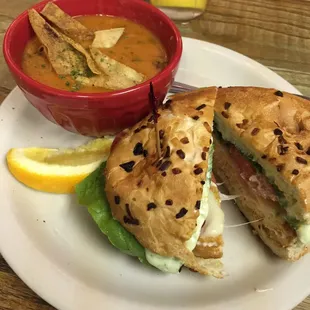 Salmon burger with a tortilla soup on the side