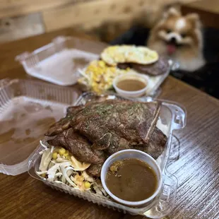 Grilled Pork Chops Over Rice w/ black pepper gravy  &amp; Loco Moco w/ two beef patties, over easy egg | $13.95 each