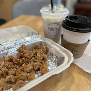 Popcorn chicken, dirty mango fruit, dark roast oolong