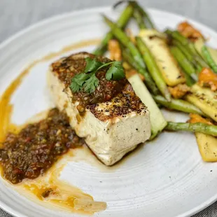 pan roasted wild halibut, three-chili tamarind garlic sauce, zucchini, chanterelles *Spicy*