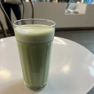 Oat-milk matcha latte (it came with a nice leaf pattern on top but I already took a sip)