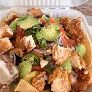 Vegan nachos add crispy chicken ($6) add avocado ($1) total is $19 kinda steep but they were  a crowd pleaser