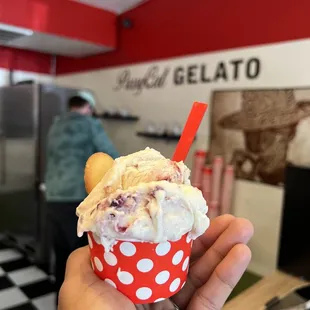 a hand holding a cup of gelato