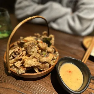 Fried mushroom medley, yum! But a little greasy