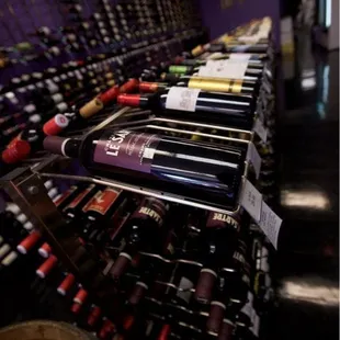 a rack of wine bottles