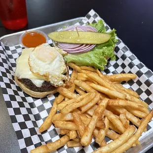 Burger &amp; Fries combo, with an egg add-on.