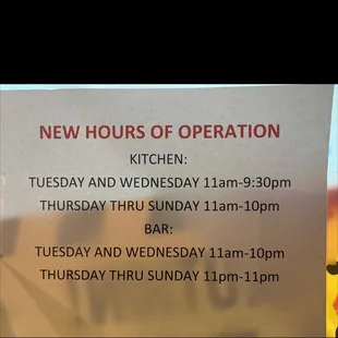 New hours of operation