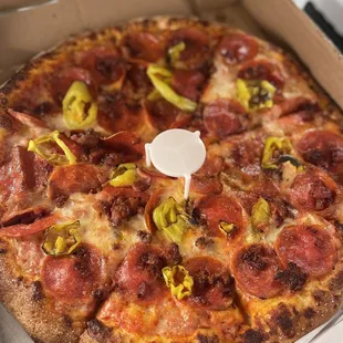 Pepperoni banana peppers and homestyle bacon