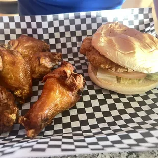 Chicken sandwich and wings