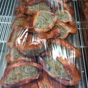 Seasoned pork chops stuffed with boudin