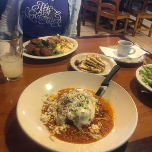 Falafel plate and veggie mossuka Went well with Mediterranean lemonade and Turkish coffee