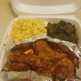 Honey hot wings - mac n cheese - collard greens