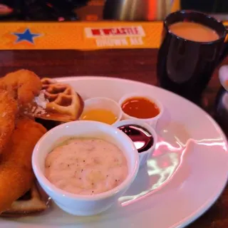 Chicken & Waffles with Syrup, Hot Sauce & Gravy
