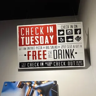 Check in Tuesday for a free drink