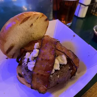 Bacon and blue burger. $12.00. No frills...