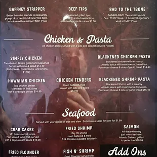 Steaks, Chicken, Seafood and Pasta