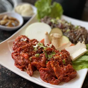 Spicy pork bulgogi, beef bulgogi