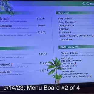 prices on the menu