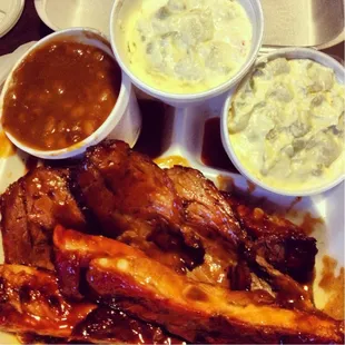 Beans, potato salad, ribs and tri-tip. Hit the spot!