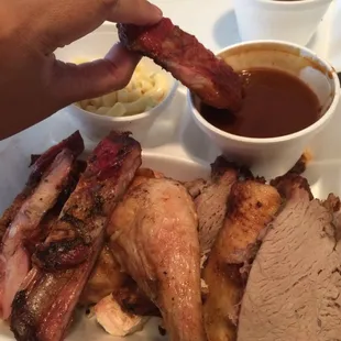 Ribs, chicken, and tri-tip... Sauce on the side