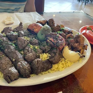 Chicken Kabab Q, lamb kebab and Kafta Q combo. Excellent.