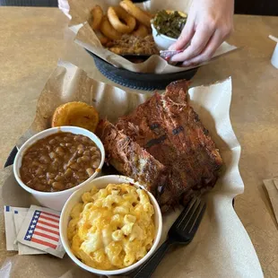 ribs, beans, and mac