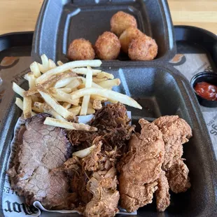 The Pit master Sampler (regular). Brisket, pulled pork , fries and cheddar bacon pups