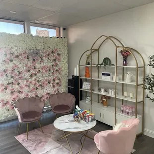 Waiting area with snacks and water station