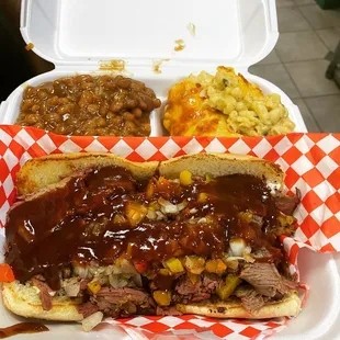 NOW THIS IS A TRI TIP SANDWICH COMBO PLATE!! Homemade sides, grilled onions and bell peppers (that's ALL THE SMOKE!)
