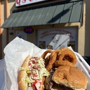 Chicken Cajun club, blt hotdog, onion rings