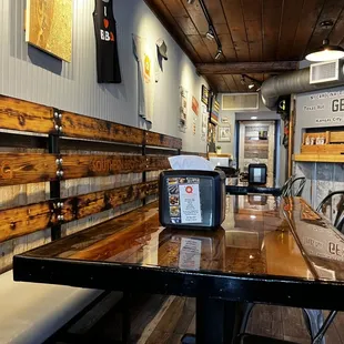a wooden table and benches