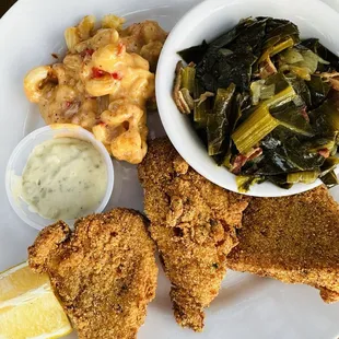 Fried catfish, Mac &amp; cheese and collard greens