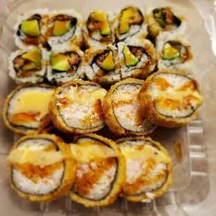 Avacado eel roll on the top and Schertz roll on the bottom. So yummy and fresh!