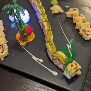 Dragon roll and spicy tuna.