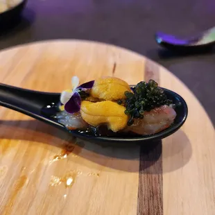 Uni on Canadian shrimp with chili oil and seaweed