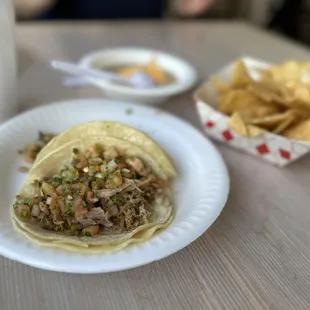 Carnitas, chips and beans