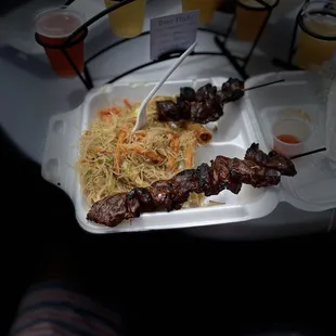 Rice noodle, pork bbq stick, egg roll