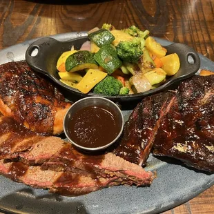 Judges plate: pork ribs, chicken, brisket w/ roasted veggies