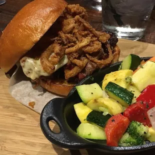 Mr Burns (burnt ends, chipotle BBQ sauce, pepper jack cheese and onion straws sandwich) plus a side of veggies