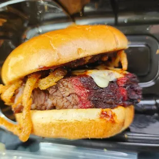 Mr. Burns Sandwich (Burnt ends, Onion straws, and pepper jack cheese)